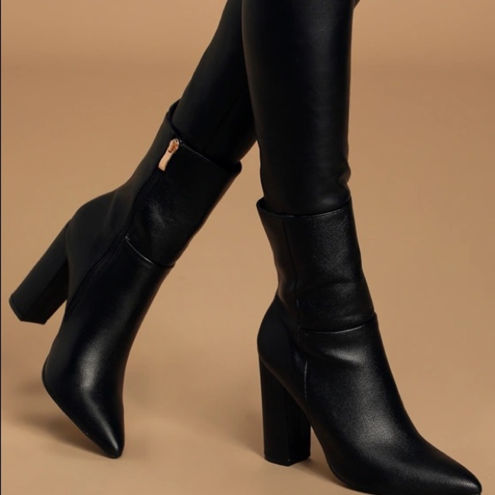 Lulu’s Dawson Black Pebble Pointed Toe Mid Calf Boots Sz 6